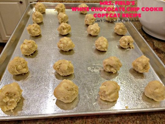 Mrs. Field's White Chocolate Chip Cookie Copycat Recipe | Can't Stay Out of the Kitchen | these luscious #cookies are perfect for any #tailgating party, potluck or #holiday #dessert. These sensational cookies are loaded with #WhiteChocolatechips and will have you drooling from the first bite. #chocolate #ChocolateDessert #CopycatRecipe #MrsFieldsWhiteChocolateChipCookieCopycatRecipe