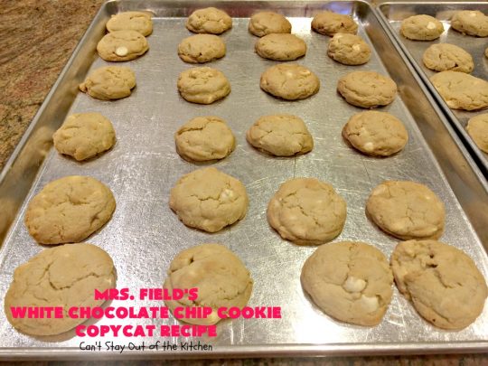 Mrs. Field's White Chocolate Chip Cookie Copycat Recipe | Can't Stay Out of the Kitchen | these luscious #cookies are perfect for any #tailgating party, potluck or #holiday #dessert. These sensational cookies are loaded with #WhiteChocolatechips and will have you drooling from the first bite. #chocolate #ChocolateDessert #CopycatRecipe #MrsFieldsWhiteChocolateChipCookieCopycatRecipe