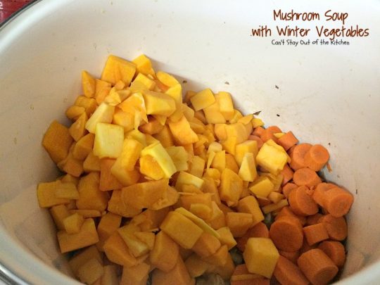 Mushroom Soup with Winter Vegetables | Can't Stay Out of the Kitchen | this incredibly tasty #soup is healthy, low calorie, #glutenfree and #vegan. Great fare after the calorie explosion from #Thanksgiving! #butternutsquash #mushrooms