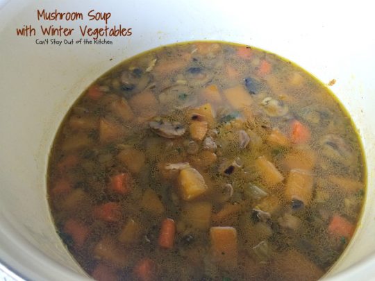 Mushroom Soup with Winter Vegetables | Can't Stay Out of the Kitchen | this incredibly tasty #soup is healthy, low calorie, #glutenfree and #vegan. Great fare after the calorie explosion from #Thanksgiving! #butternutsquash #mushrooms