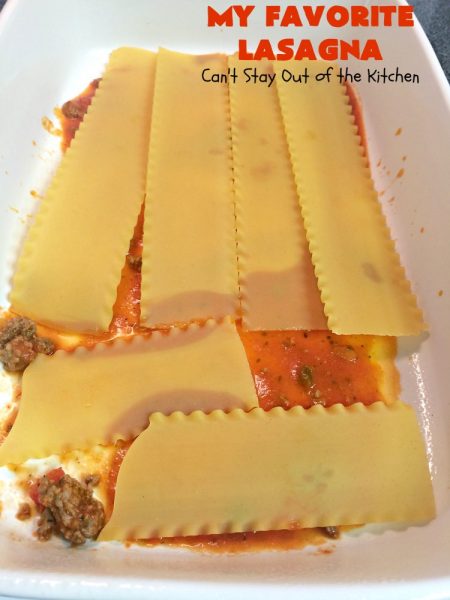 My Favorite Lasagna | Can't Stay Out of the Kitchen | this fabulous #lasagna #recipe is the ultimate! It uses #ItalianSausage & #RoTel diced tomatoes with #greenchilies to amp up the flavors. This lasagna uses 3 kinds of #cheese & is so loaded, you won't ever want to try a different recipe! Great for company. #beef  #Italian #sausage #pasta #noodles
