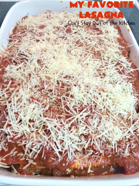 My Favorite Lasagna | Can't Stay Out of the Kitchen | this fabulous #lasagna #recipe is the ultimate! It uses #ItalianSausage & #RoTel diced tomatoes with #greenchilies to amp up the flavors. This lasagna uses 3 kinds of #cheese & is so loaded, you won't ever want to try a different recipe! Great for company. #beef  #Italian #sausage #pasta #noodles