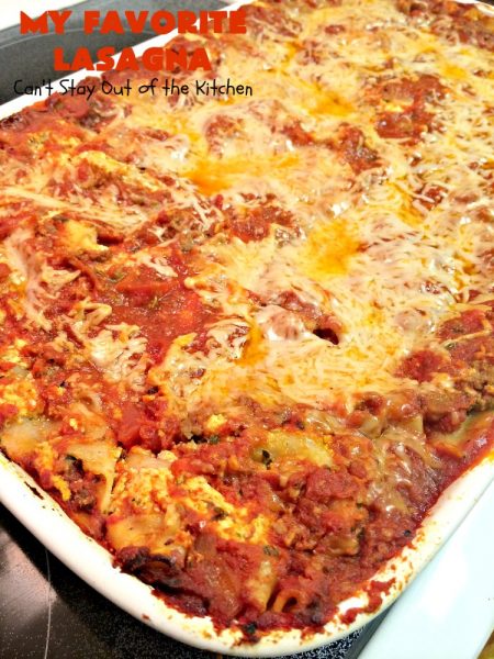 My Favorite Lasagna | Can't Stay Out of the Kitchen | this fabulous #lasagna #recipe is the ultimate! It uses #ItalianSausage & #RoTel diced tomatoes with #greenchilies to amp up the flavors. This lasagna uses 3 kinds of #cheese & is so loaded, you won't ever want to try a different recipe! Great for company. #beef  #Italian #sausage #pasta #noodles