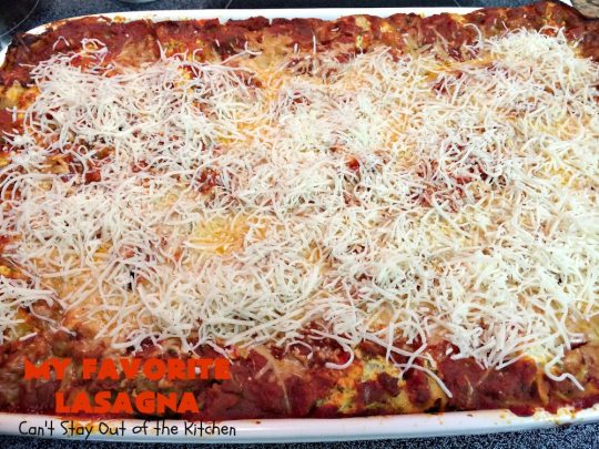 My Favorite Lasagna | Can't Stay Out of the Kitchen | this fabulous #lasagna #recipe is the ultimate! It uses #ItalianSausage & #RoTel diced tomatoes with #greenchilies to amp up the flavors. This lasagna uses 3 kinds of #cheese & is so loaded, you won't ever want to try a different recipe! Great for company. #beef  #Italian #sausage #pasta #noodles