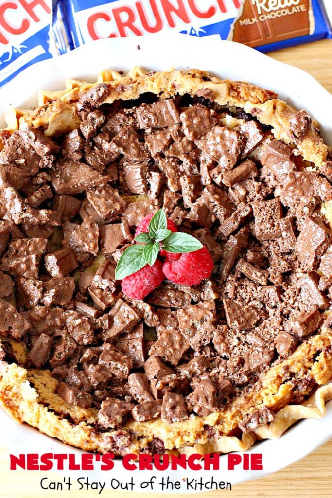 Nestle's Crunch Pie | Can't Stay Out of the Kitchen | this spectacular #pie is filled with #NestlesCrunchBars! It has that smooth milk #chocolate taste with a little crunch added to make it special. Every bite is a chocolaty delight. Terrific for company, #holidays like #ValentinesDay or special occasions. #Nestles #dessert #HolidayDessert #ChocolateDessert #NestlesCrunchPie