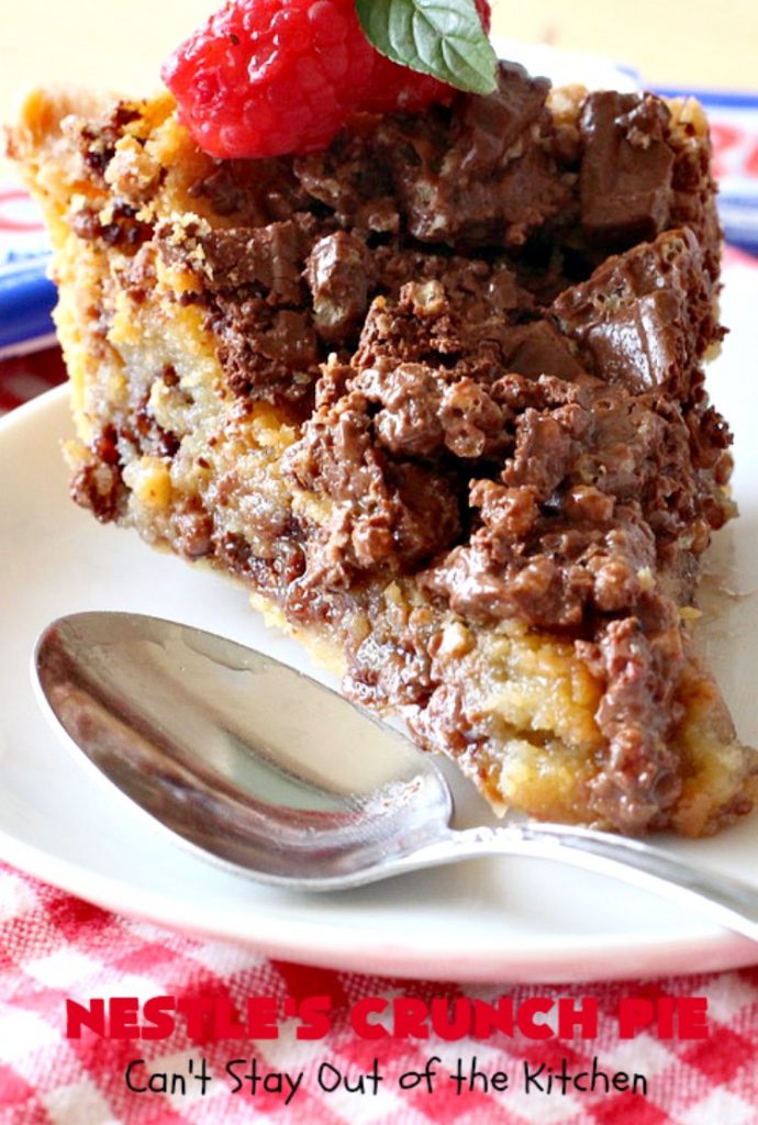 Nestle's Crunch Pie | Can't Stay Out of the Kitchen | this spectacular #pie is filled with #NestlesCrunchBars! It has that smooth milk #chocolate taste with a little crunch added to make it special. Every bite is a chocolaty delight. Terrific for company, #holidays like #ValentinesDay or special occasions. #Nestles #dessert #HolidayDessert #ChocolateDessert #NestlesCrunchPie