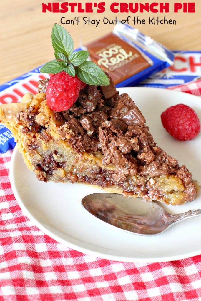 Nestle's Crunch Pie | Can't Stay Out of the Kitchen | this spectacular #pie is filled with #NestlesCrunchBars! It has that smooth milk #chocolate taste with a little crunch added to make it special. Every bite is a chocolaty delight. Terrific for company, #holidays like #ValentinesDay or special occasions. #Nestles #dessert #HolidayDessert #ChocolateDessert #NestlesCrunchPie