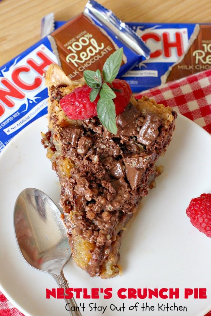 Nestle's Crunch Pie | Can't Stay Out of the Kitchen | this spectacular #pie is filled with #NestlesCrunchBars! It has that smooth milk #chocolate taste with a little crunch added to make it special. Every bite is a chocolaty delight. Terrific for company, #holidays like #ValentinesDay or special occasions. #Nestles #dessert #HolidayDessert #ChocolateDessert #NestlesCrunchPie