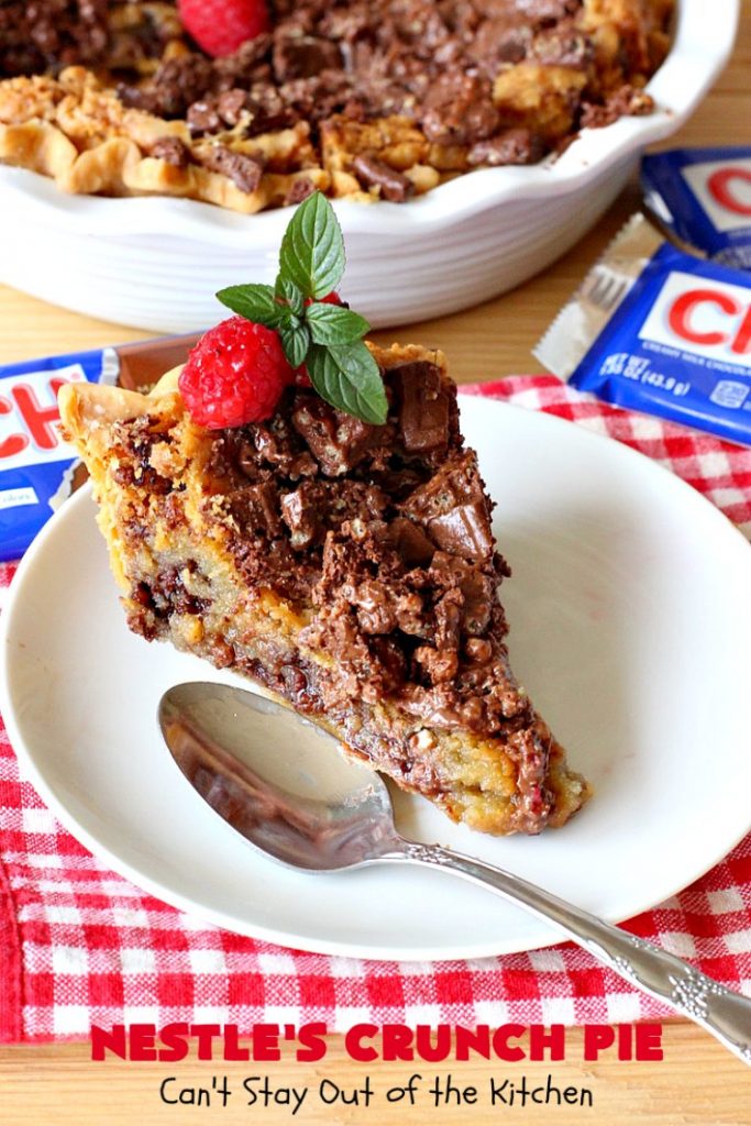 Nestle's Crunch Pie | Can't Stay Out of the Kitchen | this spectacular #pie is filled with #NestlesCrunchBars! It has that smooth milk #chocolate taste with a little crunch added to make it special. Every bite is a chocolaty delight. Terrific for company, #holidays like #ValentinesDay or special occasions. #Nestles #dessert #HolidayDessert #ChocolateDessert #NestlesCrunchPie