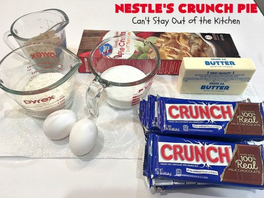 Nestle's Crunch Pie | Can't Stay Out of the Kitchen | this spectacular #pie is filled with #NestlesCrunchBars! It has that smooth milk #chocolate taste with a little crunch added to make it special. Every bite is a chocolaty delight. Terrific for company, #holidays like #ValentinesDay or special occasions. #Nestles #dessert #HolidayDessert #ChocolateDessert #NestlesCrunchPie