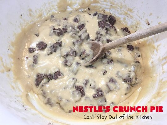 Nestle's Crunch Pie | Can't Stay Out of the Kitchen | this spectacular #pie is filled with #NestlesCrunchBars! It has that smooth milk #chocolate taste with a little crunch added to make it special. Every bite is a chocolaty delight. Terrific for company, #holidays like #ValentinesDay or special occasions. #Nestles #dessert #HolidayDessert #ChocolateDessert #NestlesCrunchPie