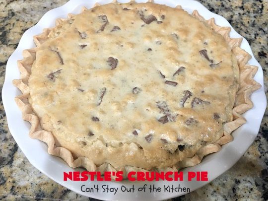 Nestle's Crunch Pie | Can't Stay Out of the Kitchen | this spectacular #pie is filled with #NestlesCrunchBars! It has that smooth milk #chocolate taste with a little crunch added to make it special. Every bite is a chocolaty delight. Terrific for company, #holidays like #ValentinesDay or special occasions. #Nestles #dessert #HolidayDessert #ChocolateDessert #NestlesCrunchPie