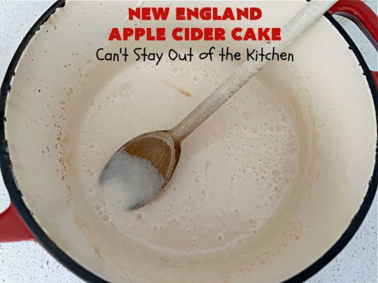 New England Apple Cider Cake | Can't Stay Out of the Kitchen | This lovely #AppleCake features #AppleCider which is boiled down to a syrup and used to flavor both the #cake & the #frosting. It's a dreamy, nut-free #NewEngland-style concoction that will have you swooning. If you enjoy #vintage down-home #recipes, this #AppleCiderCake is for you! #apples #cinnamon #holiday #FallBaking #NewEnglandAppleCiderCake