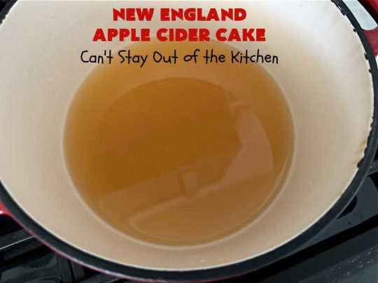New England Apple Cider Cake | Can't Stay Out of the Kitchen | This lovely #AppleCake features #AppleCider which is boiled down to a syrup and used to flavor both the #cake & the #frosting. It's a dreamy, nut-free #NewEngland-style concoction that will have you swooning. If you enjoy #vintage down-home #recipes, this #AppleCiderCake is for you! #apples #cinnamon #holiday #FallBaking #NewEnglandAppleCiderCake