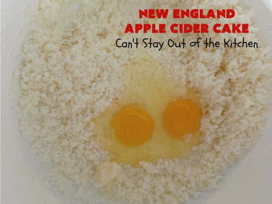 New England Apple Cider Cake | Can't Stay Out of the Kitchen | This lovely #AppleCake features #AppleCider which is boiled down to a syrup and used to flavor both the #cake & the #frosting. It's a dreamy, nut-free #NewEngland-style concoction that will have you swooning. If you enjoy #vintage down-home #recipes, this #AppleCiderCake is for you! #apples #cinnamon #holiday #FallBaking #NewEnglandAppleCiderCake