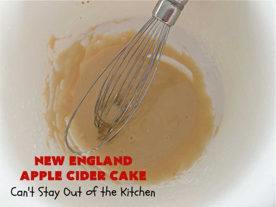 New England Apple Cider Cake | Can't Stay Out of the Kitchen | This lovely #AppleCake features #AppleCider which is boiled down to a syrup and used to flavor both the #cake & the #frosting. It's a dreamy, nut-free #NewEngland-style concoction that will have you swooning. If you enjoy #vintage down-home #recipes, this #AppleCiderCake is for you! #apples #cinnamon #holiday #FallBaking #NewEnglandAppleCiderCake