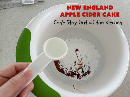 New England Apple Cider Cake | Can't Stay Out of the Kitchen | This lovely #AppleCake features #AppleCider which is boiled down to a syrup and used to flavor both the #cake & the #frosting. It's a dreamy, nut-free #NewEngland-style concoction that will have you swooning. If you enjoy #vintage down-home #recipes, this #AppleCiderCake is for you! #apples #cinnamon #holiday #FallBaking #NewEnglandAppleCiderCake