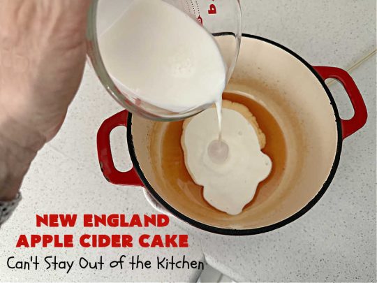 New England Apple Cider Cake | Can't Stay Out of the Kitchen | This lovely #AppleCake features #AppleCider which is boiled down to a syrup and used to flavor both the #cake & the #frosting. It's a dreamy, nut-free #NewEngland-style concoction that will have you swooning. If you enjoy #vintage down-home #recipes, this #AppleCiderCake is for you! #apples #cinnamon #holiday #FallBaking #NewEnglandAppleCiderCake