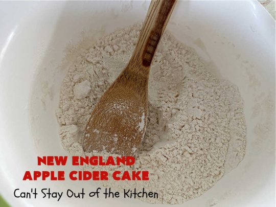 New England Apple Cider Cake | Can't Stay Out of the Kitchen | This lovely #AppleCake features #AppleCider which is boiled down to a syrup and used to flavor both the #cake & the #frosting. It's a dreamy, nut-free #NewEngland-style concoction that will have you swooning. If you enjoy #vintage down-home #recipes, this #AppleCiderCake is for you! #apples #cinnamon #holiday #FallBaking #NewEnglandAppleCiderCake