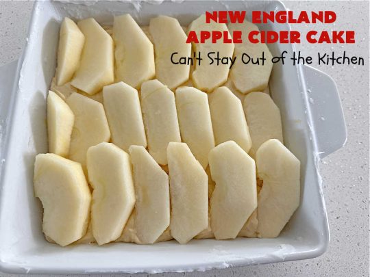 New England Apple Cider Cake | Can't Stay Out of the Kitchen | This lovely #AppleCake features #AppleCider which is boiled down to a syrup and used to flavor both the #cake & the #frosting. It's a dreamy, nut-free #NewEngland-style concoction that will have you swooning. If you enjoy #vintage down-home #recipes, this #AppleCiderCake is for you! #apples #cinnamon #holiday #FallBaking #NewEnglandAppleCiderCake