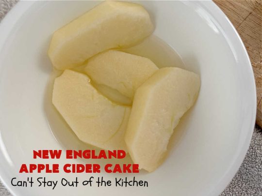 New England Apple Cider Cake | Can't Stay Out of the Kitchen | This lovely #AppleCake features #AppleCider which is boiled down to a syrup and used to flavor both the #cake & the #frosting. It's a dreamy, nut-free #NewEngland-style concoction that will have you swooning. If you enjoy #vintage down-home #recipes, this #AppleCiderCake is for you! #apples #cinnamon #holiday #FallBaking #NewEnglandAppleCiderCake
