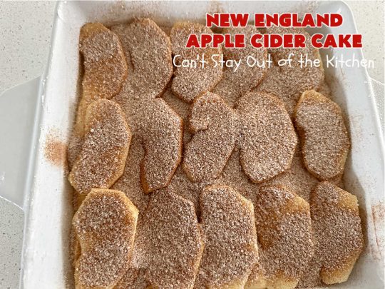 New England Apple Cider Cake | Can't Stay Out of the Kitchen | This lovely #AppleCake features #AppleCider which is boiled down to a syrup and used to flavor both the #cake & the #frosting. It's a dreamy, nut-free #NewEngland-style concoction that will have you swooning. If you enjoy #vintage down-home #recipes, this #AppleCiderCake is for you! #apples #cinnamon #holiday #FallBaking #NewEnglandAppleCiderCake