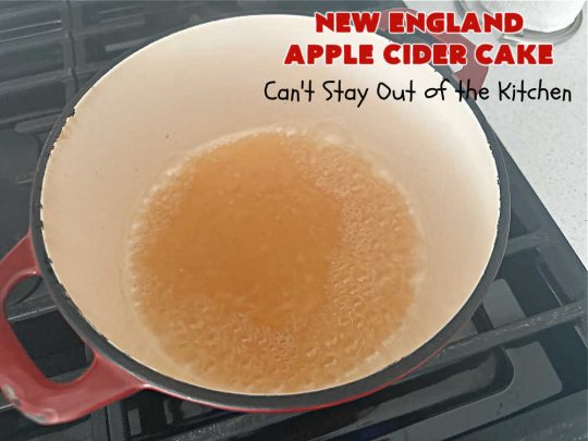 New England Apple Cider Cake | Can't Stay Out of the Kitchen | This lovely #AppleCake features #AppleCider which is boiled down to a syrup and used to flavor both the #cake & the #frosting. It's a dreamy, nut-free #NewEngland-style concoction that will have you swooning. If you enjoy #vintage down-home #recipes, this #AppleCiderCake is for you! #apples #cinnamon #holiday #FallBaking #NewEnglandAppleCiderCake