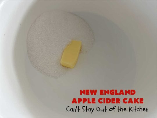 New England Apple Cider Cake | Can't Stay Out of the Kitchen | This lovely #AppleCake features #AppleCider which is boiled down to a syrup and used to flavor both the #cake & the #frosting. It's a dreamy, nut-free #NewEngland-style concoction that will have you swooning. If you enjoy #vintage down-home #recipes, this #AppleCiderCake is for you! #apples #cinnamon #holiday #FallBaking #NewEnglandAppleCiderCake