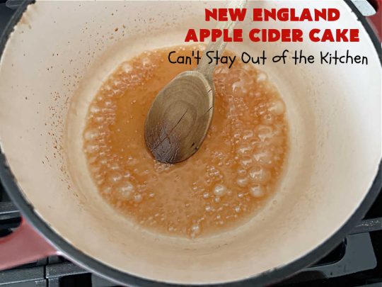 New England Apple Cider Cake | Can't Stay Out of the Kitchen | This lovely #AppleCake features #AppleCider which is boiled down to a syrup and used to flavor both the #cake & the #frosting. It's a dreamy, nut-free #NewEngland-style concoction that will have you swooning. If you enjoy #vintage down-home #recipes, this #AppleCiderCake is for you! #apples #cinnamon #holiday #FallBaking #NewEnglandAppleCiderCake