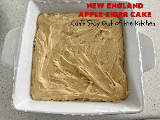 New England Apple Cider Cake | Can't Stay Out of the Kitchen | This lovely #AppleCake features #AppleCider which is boiled down to a syrup and used to flavor both the #cake & the #frosting. It's a dreamy, nut-free #NewEngland-style concoction that will have you swooning. If you enjoy #vintage down-home #recipes, this #AppleCiderCake is for you! #apples #cinnamon #holiday #FallBaking #NewEnglandAppleCiderCake