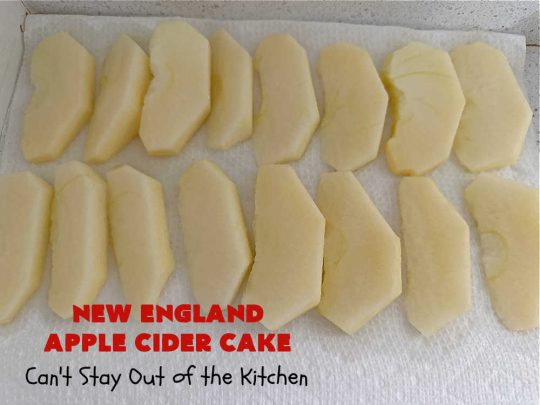 New England Apple Cider Cake | Can't Stay Out of the Kitchen | This lovely #AppleCake features #AppleCider which is boiled down to a syrup and used to flavor both the #cake & the #frosting. It's a dreamy, nut-free #NewEngland-style concoction that will have you swooning. If you enjoy #vintage down-home #recipes, this #AppleCiderCake is for you! #apples #cinnamon #holiday #FallBaking #NewEnglandAppleCiderCake