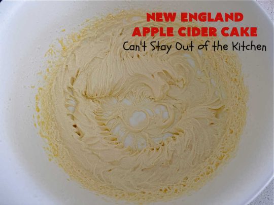 New England Apple Cider Cake | Can't Stay Out of the Kitchen | This lovely #AppleCake features #AppleCider which is boiled down to a syrup and used to flavor both the #cake & the #frosting. It's a dreamy, nut-free #NewEngland-style concoction that will have you swooning. If you enjoy #vintage down-home #recipes, this #AppleCiderCake is for you! #apples #cinnamon #holiday #FallBaking #NewEnglandAppleCiderCake