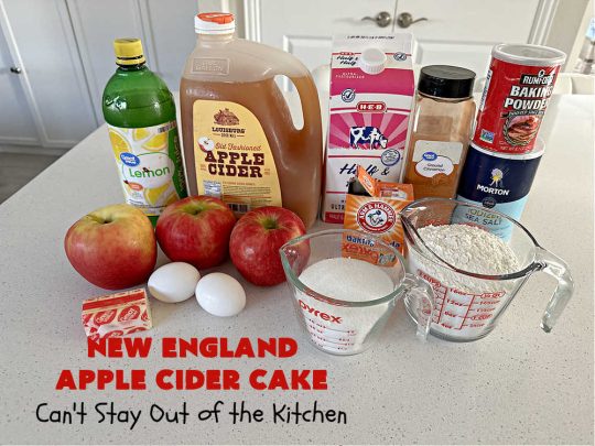 New England Apple Cider Cake | Can't Stay Out of the Kitchen | This lovely #AppleCake features #AppleCider which is boiled down to a syrup and used to flavor both the #cake & the #frosting. It's a dreamy, nut-free #NewEngland-style concoction that will have you swooning. If you enjoy #vintage down-home #recipes, this #AppleCiderCake is for you! #apples #cinnamon #holiday #FallBaking #NewEnglandAppleCiderCake