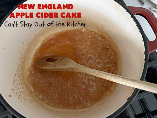 New England Apple Cider Cake | Can't Stay Out of the Kitchen | This lovely #AppleCake features #AppleCider which is boiled down to a syrup and used to flavor both the #cake & the #frosting. It's a dreamy, nut-free #NewEngland-style concoction that will have you swooning. If you enjoy #vintage down-home #recipes, this #AppleCiderCake is for you! #apples #cinnamon #holiday #FallBaking #NewEnglandAppleCiderCake