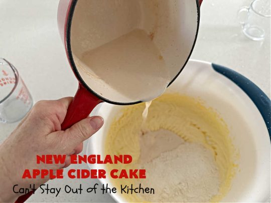 New England Apple Cider Cake | Can't Stay Out of the Kitchen | This lovely #AppleCake features #AppleCider which is boiled down to a syrup and used to flavor both the #cake & the #frosting. It's a dreamy, nut-free #NewEngland-style concoction that will have you swooning. If you enjoy #vintage down-home #recipes, this #AppleCiderCake is for you! #apples #cinnamon #holiday #FallBaking #NewEnglandAppleCiderCake
