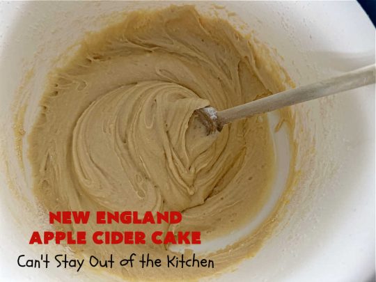 New England Apple Cider Cake | Can't Stay Out of the Kitchen | This lovely #AppleCake features #AppleCider which is boiled down to a syrup and used to flavor both the #cake & the #frosting. It's a dreamy, nut-free #NewEngland-style concoction that will have you swooning. If you enjoy #vintage down-home #recipes, this #AppleCiderCake is for you! #apples #cinnamon #holiday #FallBaking #NewEnglandAppleCiderCake