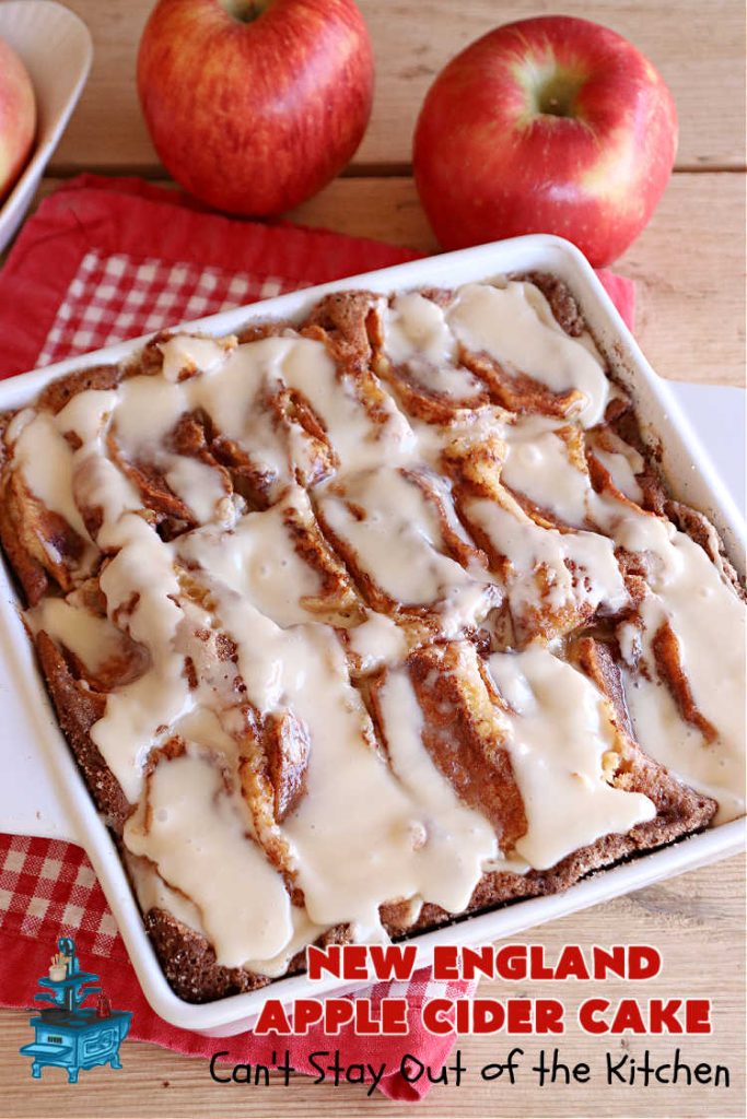 New England Apple Cider Cake | Can't Stay Out of the Kitchen | This lovely #AppleCake features #AppleCider which is boiled down to a syrup and used to flavor both the #cake & the #frosting. It's a dreamy, nut-free #NewEngland-style concoction that will have you swooning. If you enjoy #vintage down-home #recipes, this #AppleCiderCake is for you! #apples #cinnamon #holiday #FallBaking #NewEnglandAppleCiderCake