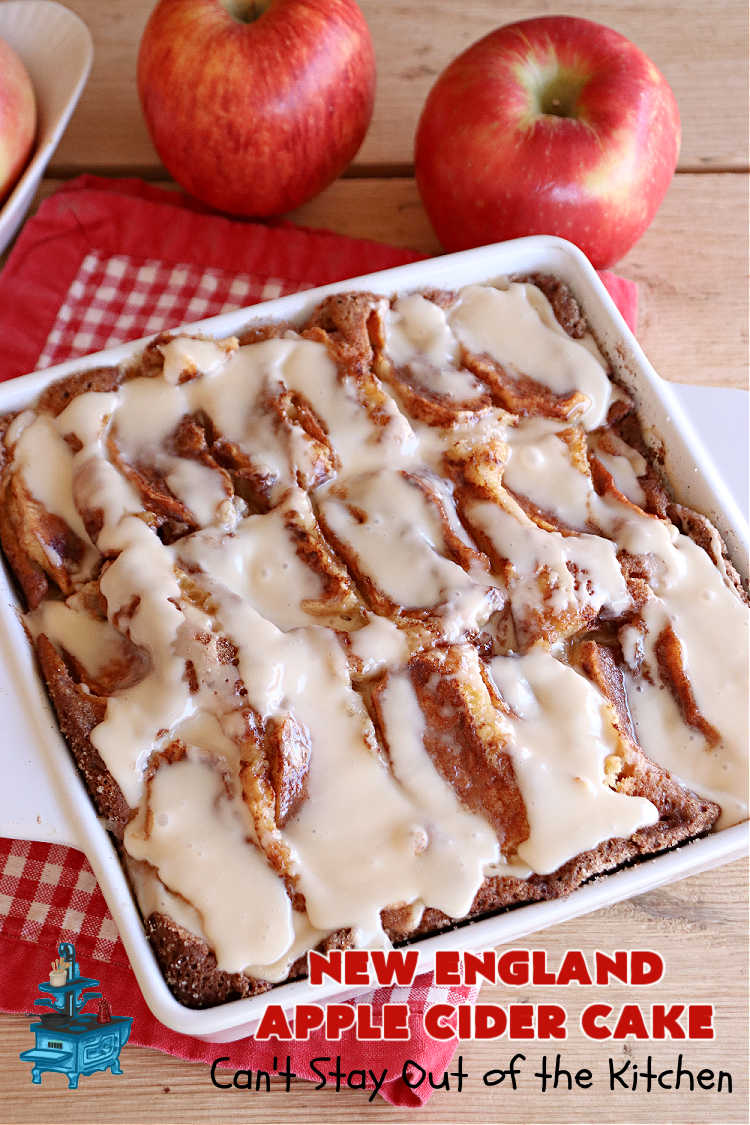 New England Apple Cider Cake | Can't Stay Out of the Kitchen | This lovely #AppleCake features #AppleCider which is boiled down to a syrup and used to flavor both the #cake & the #frosting. It's a dreamy, nut-free #NewEngland-style concoction that will have you swooning. If you enjoy #vintage down-home #recipes, this #AppleCiderCake is for you! #apples #cinnamon #holiday #FallBaking #NewEnglandAppleCiderCake