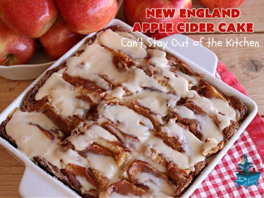 New England Apple Cider Cake | Can't Stay Out of the Kitchen | This lovely #AppleCake features #AppleCider which is boiled down to a syrup and used to flavor both the #cake & the #frosting. It's a dreamy, nut-free #NewEngland-style concoction that will have you swooning. If you enjoy #vintage down-home #recipes, this #AppleCiderCake is for you! #apples #cinnamon #holiday #FallBaking #NewEnglandAppleCiderCake
