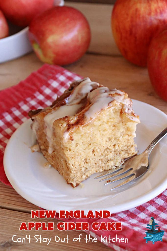 New England Apple Cider Cake | Can't Stay Out of the Kitchen | This lovely #AppleCake features #AppleCider which is boiled down to a syrup and used to flavor both the #cake & the #frosting. It's a dreamy, nut-free #NewEngland-style concoction that will have you swooning. If you enjoy #vintage down-home #recipes, this #AppleCiderCake is for you! #apples #cinnamon #holiday #FallBaking #NewEnglandAppleCiderCake