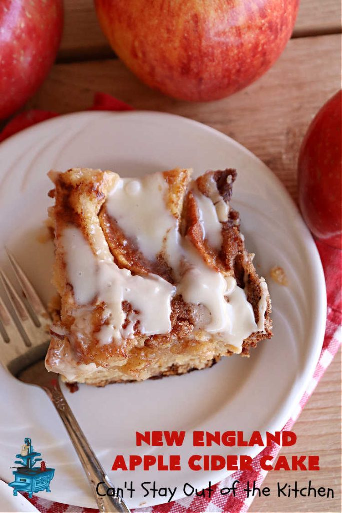 New England Apple Cider Cake | Can't Stay Out of the Kitchen | This lovely #AppleCake features #AppleCider which is boiled down to a syrup and used to flavor both the #cake & the #frosting. It's a dreamy, nut-free #NewEngland-style concoction that will have you swooning. If you enjoy #vintage down-home #recipes, this #AppleCiderCake is for you! #apples #cinnamon #holiday #FallBaking #NewEnglandAppleCiderCake