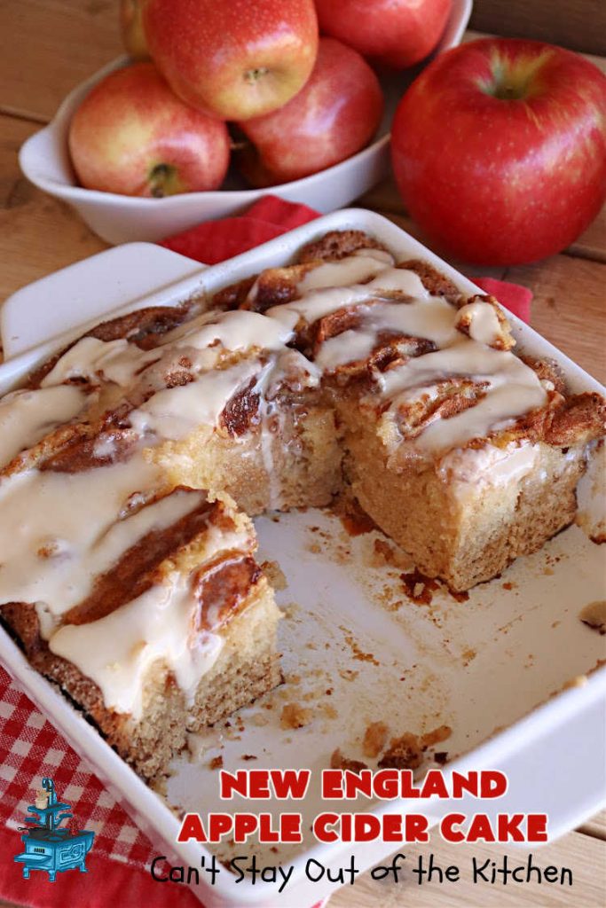 New England Apple Cider Cake | Can't Stay Out of the Kitchen | This lovely #AppleCake features #AppleCider which is boiled down to a syrup and used to flavor both the #cake & the #frosting. It's a dreamy, nut-free #NewEngland-style concoction that will have you swooning. If you enjoy #vintage down-home #recipes, this #AppleCiderCake is for you! #apples #cinnamon #holiday #FallBaking #NewEnglandAppleCiderCake