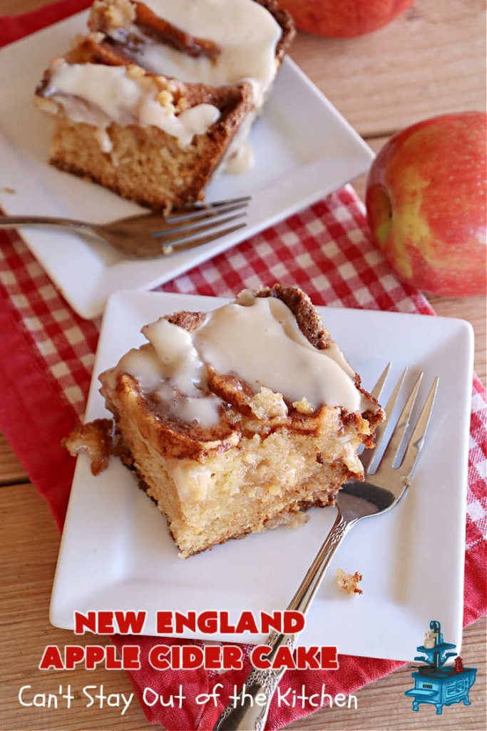 New England Apple Cider Cake | Can't Stay Out of the Kitchen | This lovely #AppleCake features #AppleCider which is boiled down to a syrup and used to flavor both the #cake & the #frosting. It's a dreamy, nut-free #NewEngland-style concoction that will have you swooning. If you enjoy #vintage down-home #recipes, this #AppleCiderCake is for you! #apples #cinnamon #holiday #FallBaking #NewEnglandAppleCiderCake