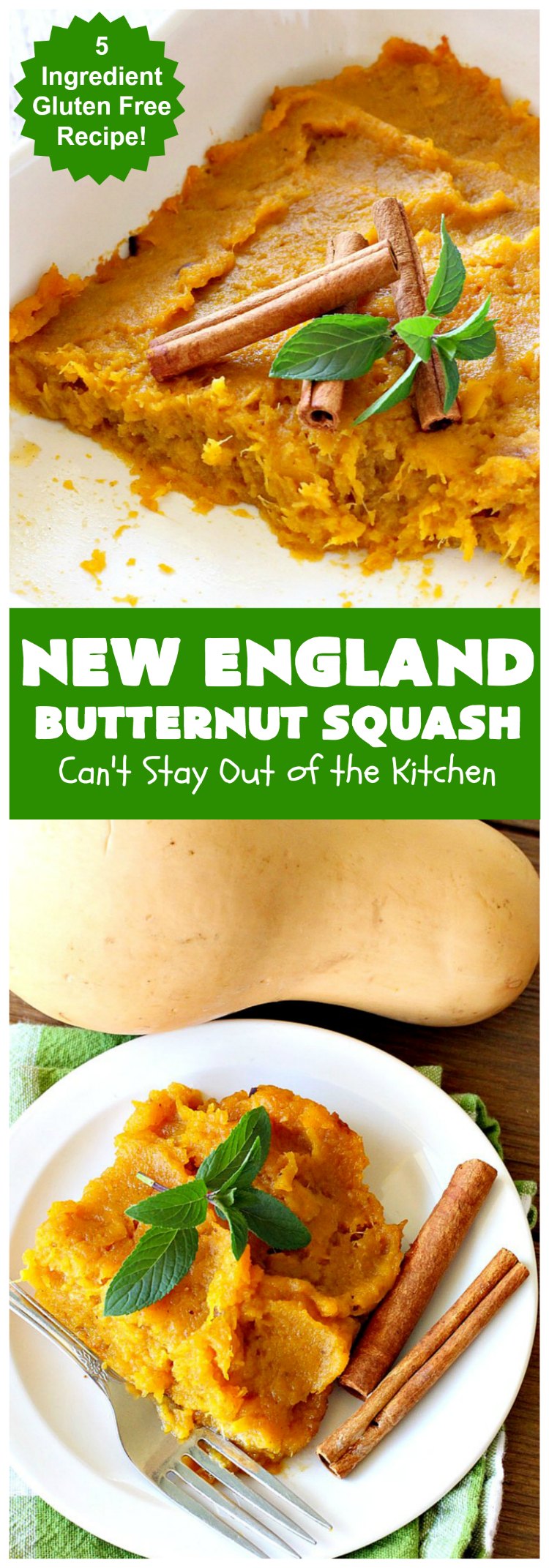 New England Butternut Squash | Can't Stay Out of the Kitchen | this delightful 5-ingredient #recipe is perfect for company, #holiday or family dinners. It's seasoned with #cinnamon & #MapleSyrup & so delicious. #veggie #GlutenFree #NewEngland #NewEnglandButternutSquash #squash #ButternutSquash