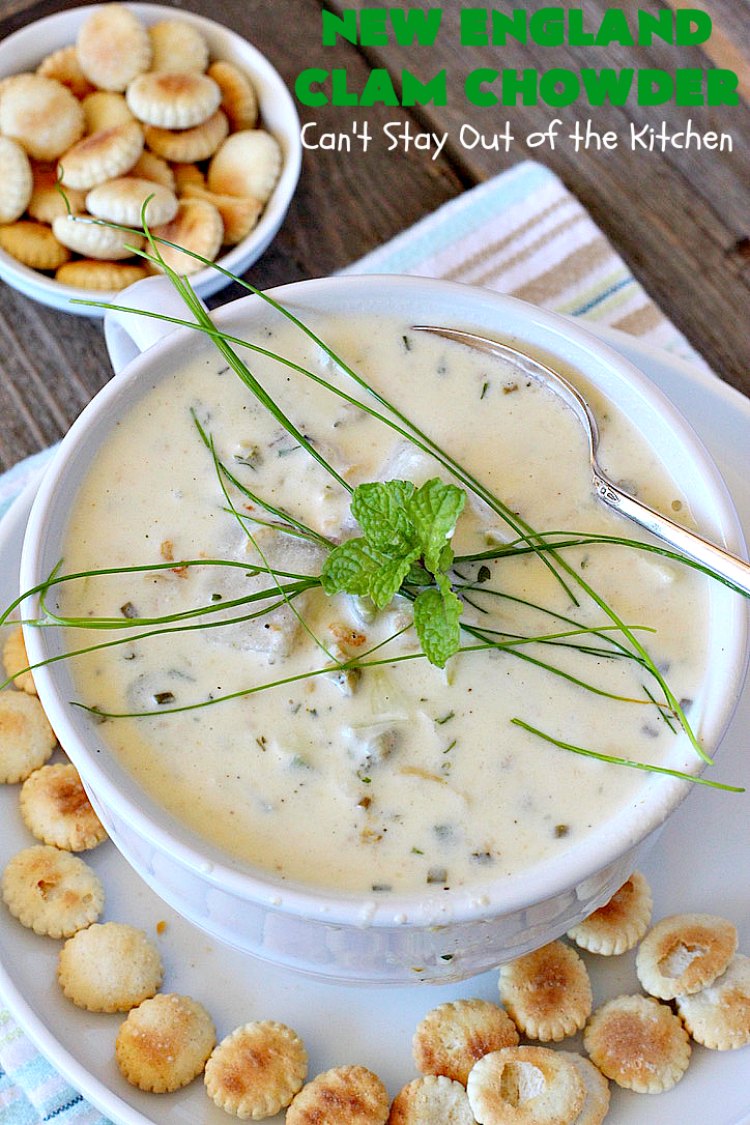 New England Clam Chowder | Can't Stay Out of the Kitchen | this is the BEST #clamchowder #recipe ever! It's filled with minced #clams, leeks, #redpotatoes & seasoned wonderfully with chives, parsley & #OldBaySeasoning. It's marvelous comfort food for #fall. We always serve it with #OysterCrackers. #glutenfree #soup #NewEnglandClamChowder #glutenfreesoup