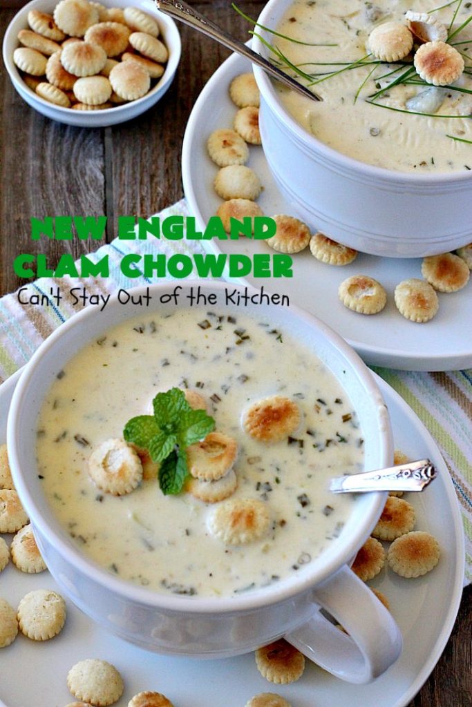 New England Clam Chowder | Can't Stay Out of the Kitchen | this is the BEST #clamchowder #recipe ever! It's filled with minced #clams, leeks, #redpotatoes & seasoned wonderfully with chives, parsley & #OldBaySeasoning. It's marvelous comfort food for #fall. We always serve it with #OysterCrackers. #glutenfree #soup #NewEnglandClamChowder #glutenfreesoup