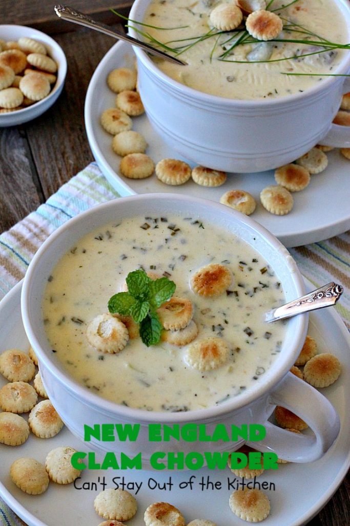 New England Clam Chowder | Can't Stay Out of the Kitchen | this is the BEST #clamchowder #recipe ever! It's filled with minced #clams, leeks, #redpotatoes & seasoned wonderfully with chives, parsley & #OldBaySeasoning. It's marvelous comfort food for #fall. We always serve it with #OysterCrackers. #glutenfree #soup #NewEnglandClamChowder #glutenfreesoup