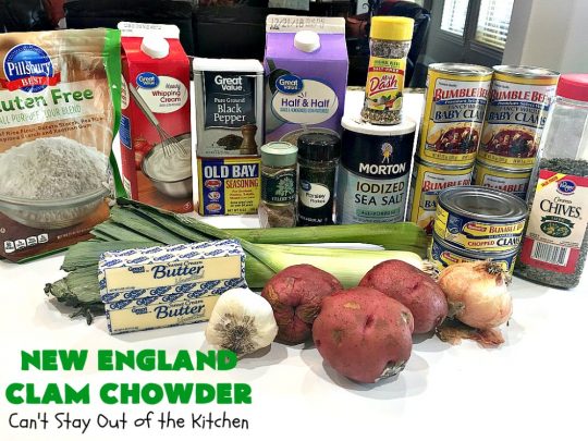 New England Clam Chowder | Can't Stay Out of the Kitchen | this is the BEST #clamchowder #recipe ever! It's filled with minced #clams, leeks, #redpotatoes & seasoned wonderfully with chives, parsley & #OldBaySeasoning. It's marvelous comfort food for #fall. We always serve it with #OysterCrackers. #glutenfree #soup #NewEnglandClamChowder #glutenfreesoup