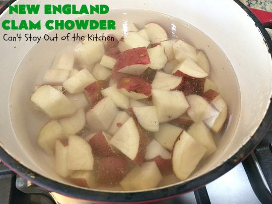 New England Clam Chowder | Can't Stay Out of the Kitchen | this is the BEST #clamchowder #recipe ever! It's filled with minced #clams, leeks, #redpotatoes & seasoned wonderfully with chives, parsley & #OldBaySeasoning. It's marvelous comfort food for #fall. We always serve it with #OysterCrackers. #glutenfree #soup #NewEnglandClamChowder #glutenfreesoup