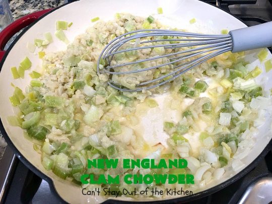 New England Clam Chowder | Can't Stay Out of the Kitchen | this is the BEST #clamchowder #recipe ever! It's filled with minced #clams, leeks, #redpotatoes & seasoned wonderfully with chives, parsley & #OldBaySeasoning. It's marvelous comfort food for #fall. We always serve it with #OysterCrackers. #glutenfree #soup #NewEnglandClamChowder #glutenfreesoup